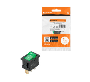 KCD1-101N 12В AC/DC, 1P, 15А, (3с), ON-OFF, черный корпус, зеленая клавиша, LED подсветка, Mini TDМ