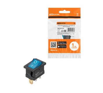 KCD1-101N 12В AC/DC, 1P, 15А, (3с), ON-OFF, черный корпус, синяя клавиша, LED, Mini TDM