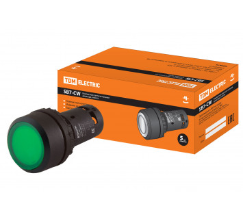 Кнопка SB7-CW3365 с возвратом, 1НО+1НЗ, d22 мм, 220 В LED, зеленая, IP54 TDM