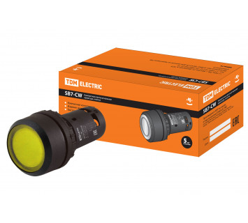 Кнопка SB7-CW3561 с возвратом, 1НО, d22 мм, 220 В LED, желтая, IP54 TDM