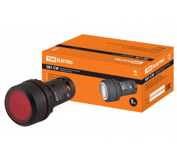 Кнопка SB7-CWL3465 с фиксацией, 1НО+1НЗ, d22 мм, 24 В LED, красная, IP54 TDM