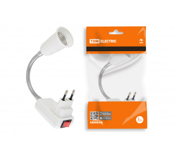 Переходник вилка-Е27 гибкий 150мм с выключателем, белый, TDM