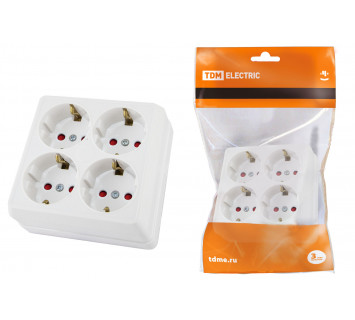 Розетка четырехместная 2П+3 открытой установки IP20 16A с защитными шторками белая 