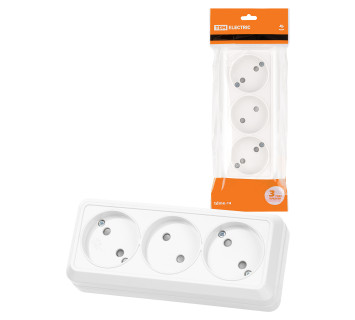 Розетка 3-х местная горизонтальная 2П открытой установки IP20 10A с з/ш белая 