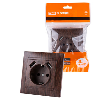 Розетка 2П+З 16А 250В + 2 USB порта 2,1А 5В венге 