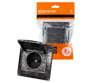 Розетка 2П+З 16А 250В IP44 с защ. шт. с крышкой старинное серебро 