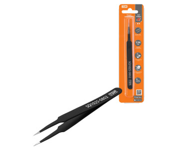 Пинцет прецизионный прямой 124 мм, острое жало, нерж., антистатич. покр., блистер, 