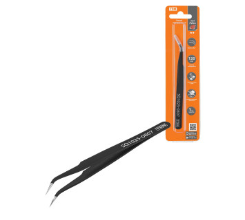 Пинцет прецизионный изогнутый 120 мм, острое жало, нерж., антистатич. покр., блистер, 